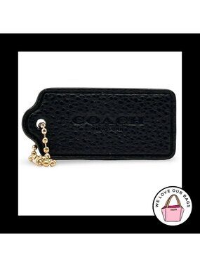 2.25" COACH NEW YORK Black Pebbled Leather Brass Fob Bag Charm Keychain Hang Tag